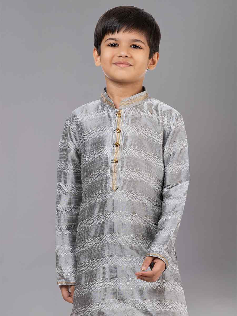 Grey Polyester Cotton  Embroidered Festival Traditional Kurta Pyjama Boys Wear