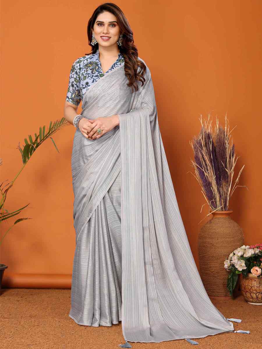 Grey Polyester Silk Handwoven Festival Casual Classic Style Saree