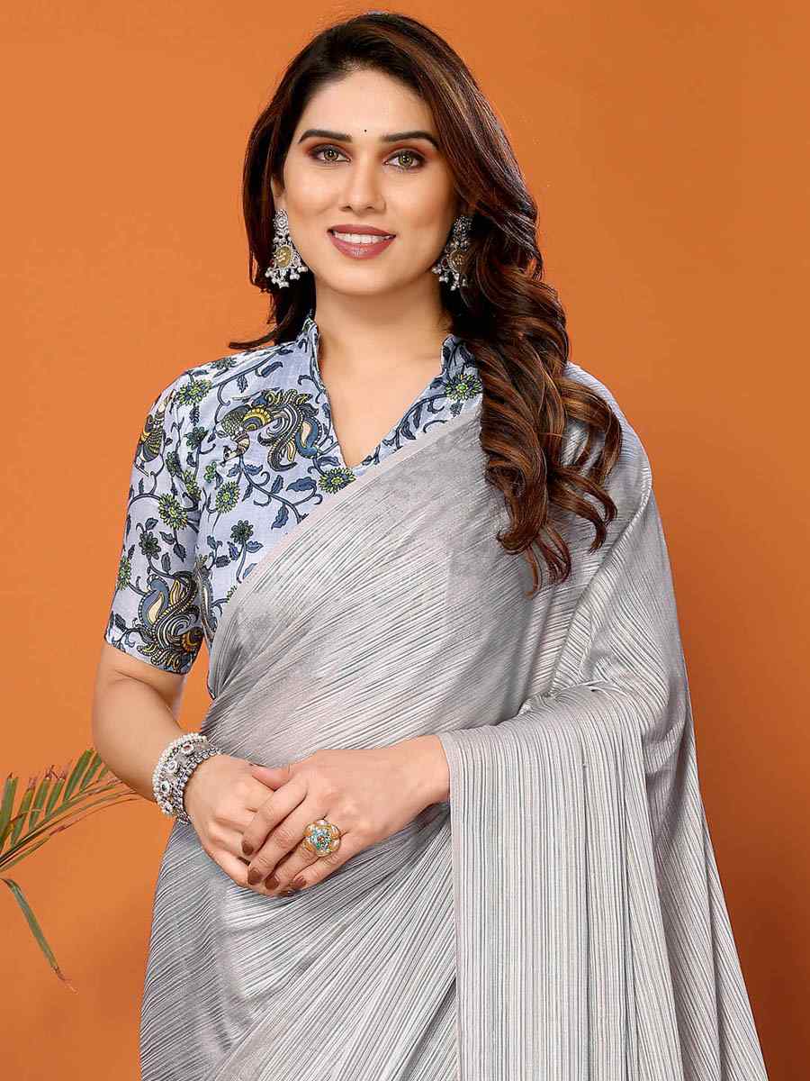 Grey Polyester Silk Handwoven Festival Casual Classic Style Saree