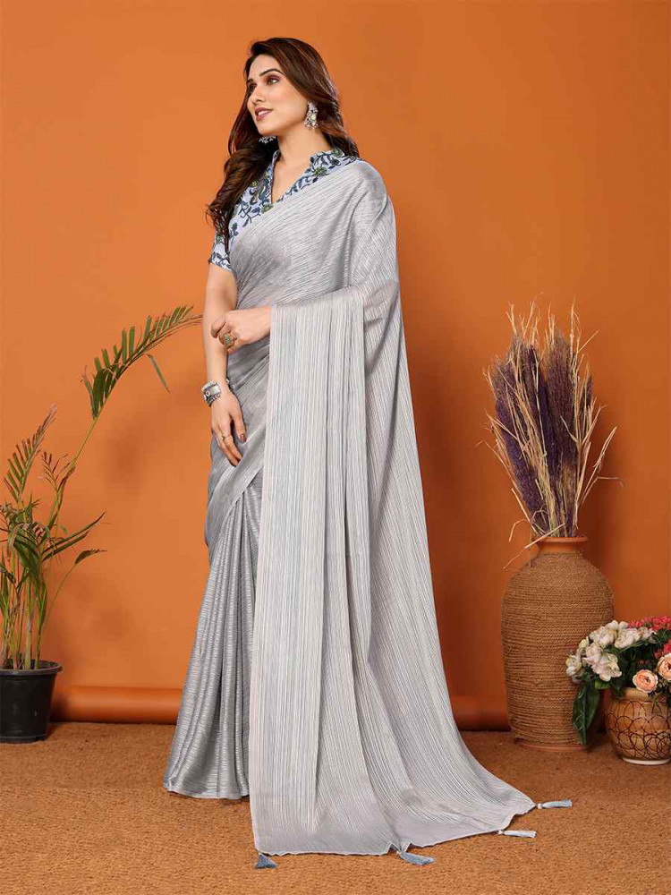 Grey Polyster Printed Festival Party Contemporary Saree