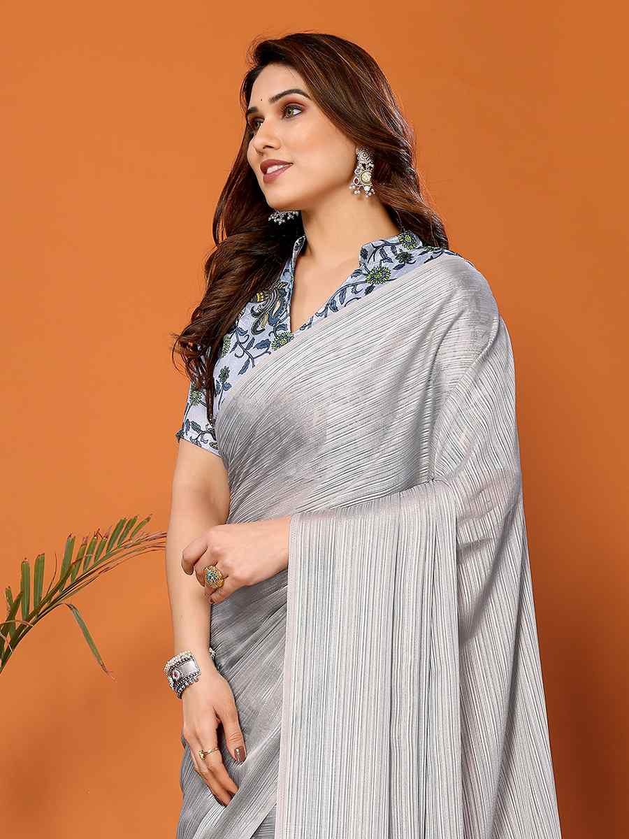 Grey Polyster Printed Festival Party Contemporary Saree