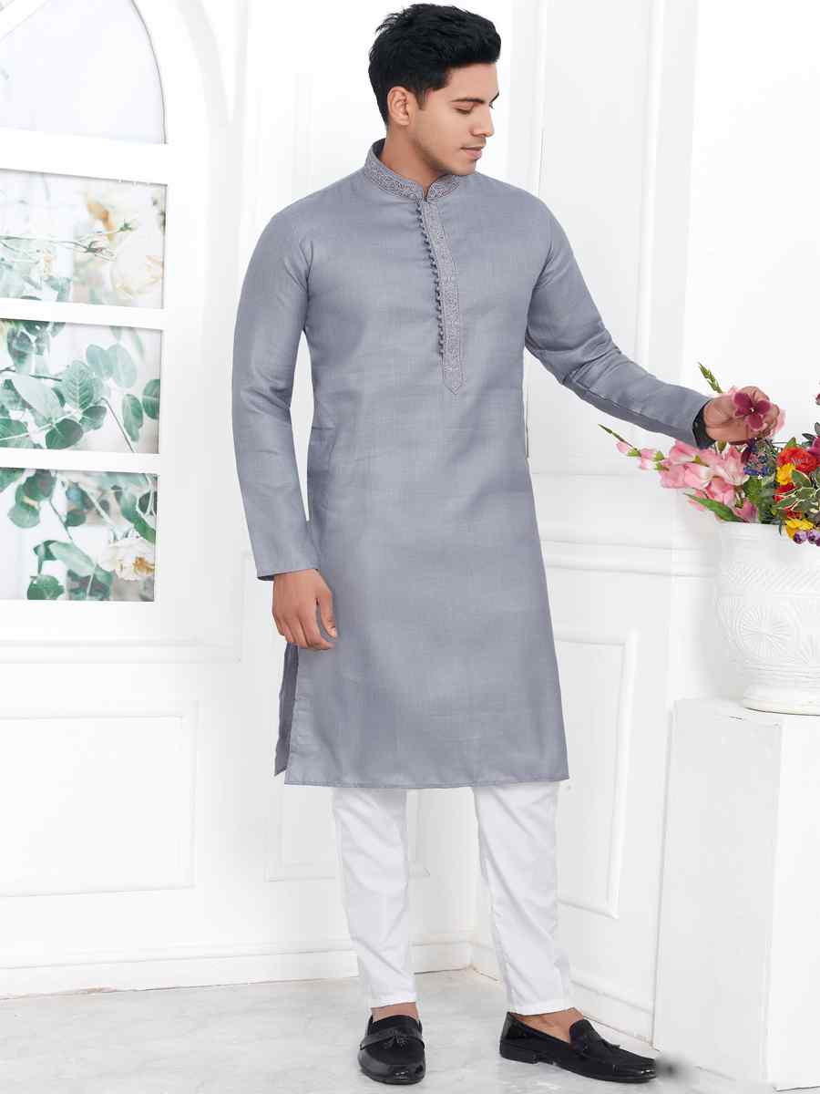 Grey Premium Linen Cotton Plain Festival Casual Kurta