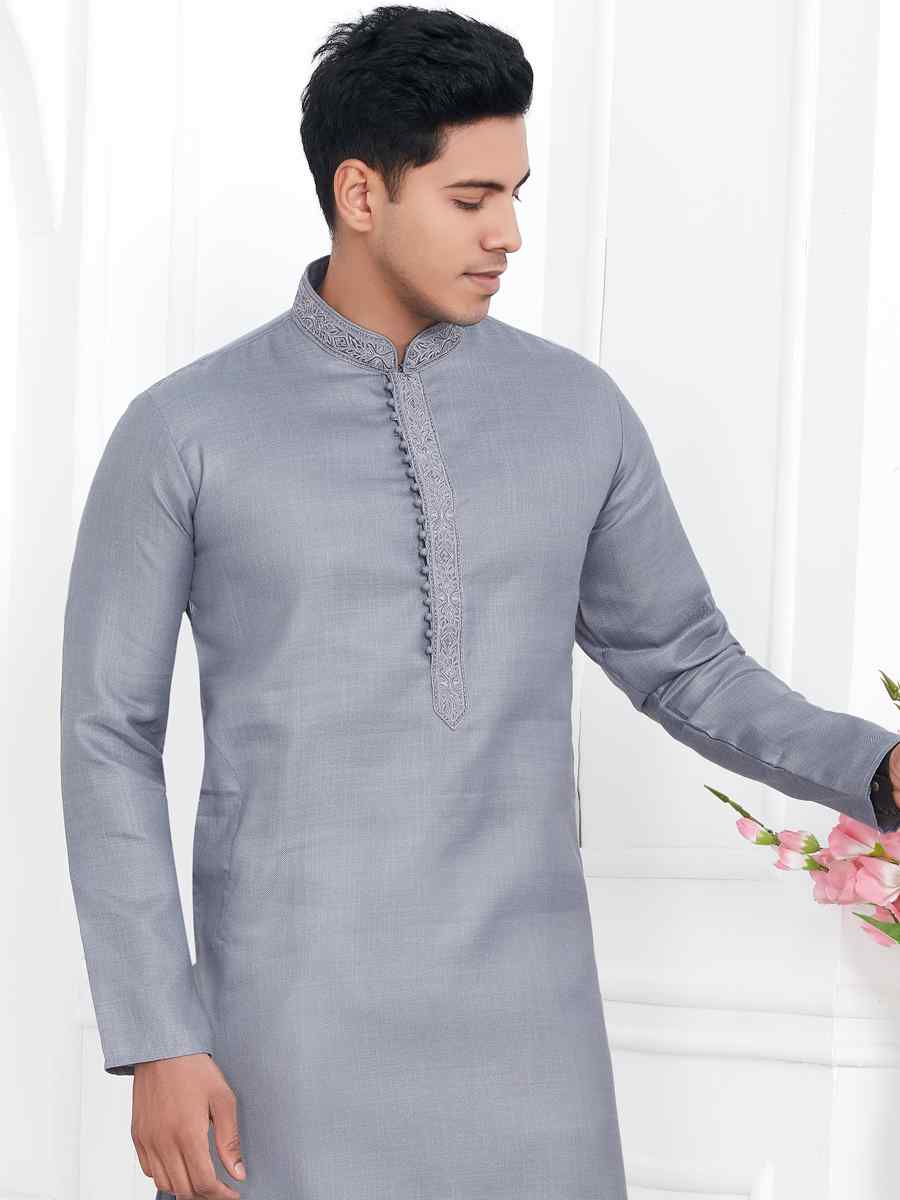 Grey Premium Linen Cotton Plain Festival Casual Kurta