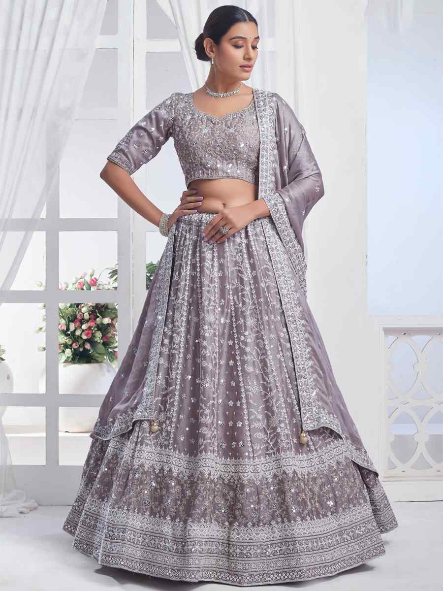 Grey Pure Chiffon Embroidered Bridesmaid Wedding Heavy Border Lehenga Choli