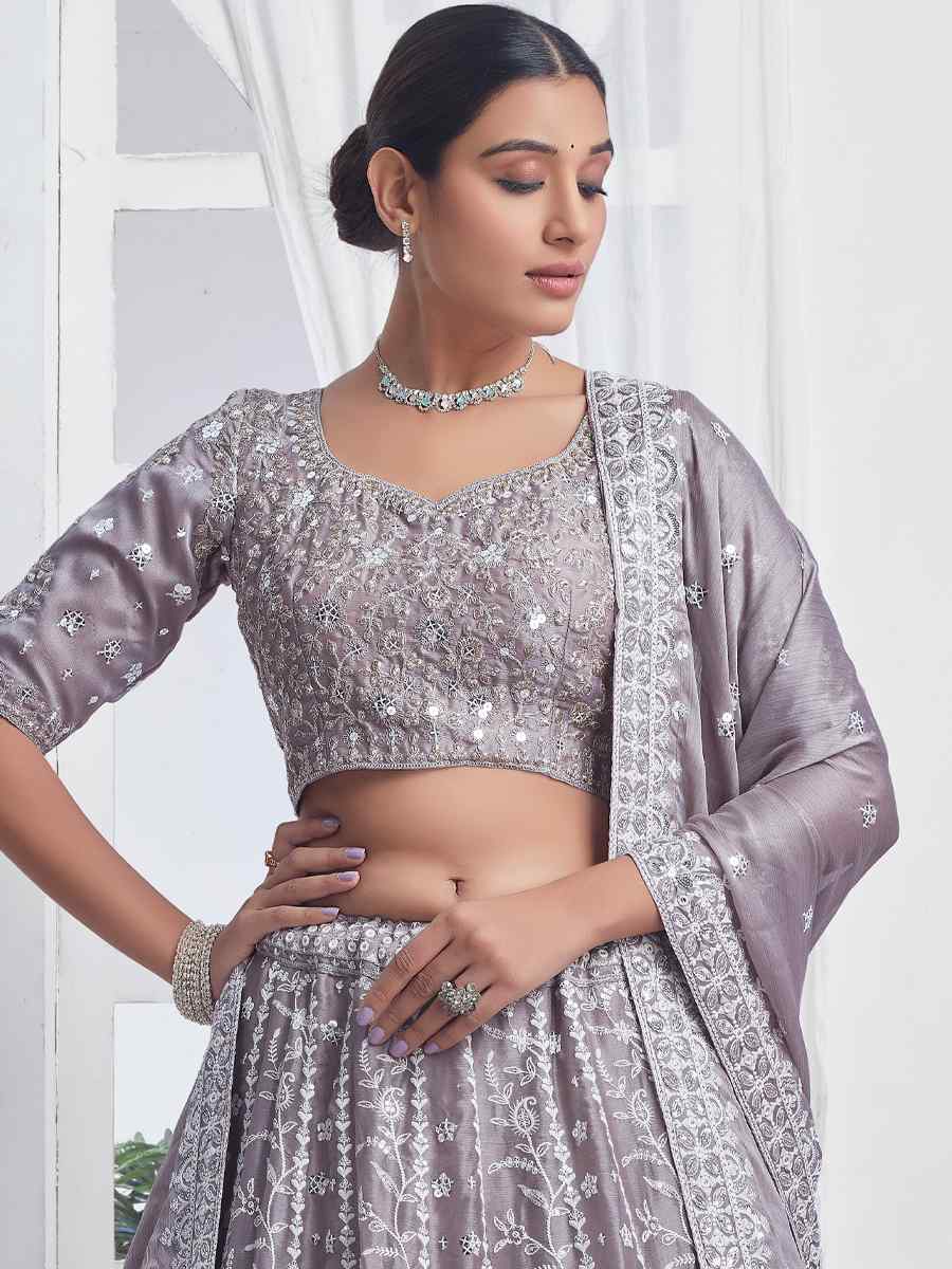 Grey Pure Chiffon Embroidered Bridesmaid Wedding Heavy Border Lehenga Choli