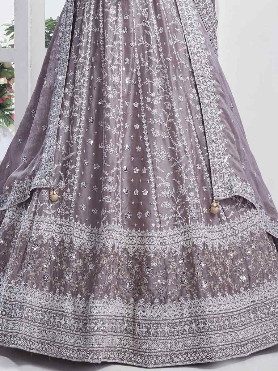 Grey Pure Chiffon Embroidered Bridesmaid Wedding Heavy Border Lehenga Choli