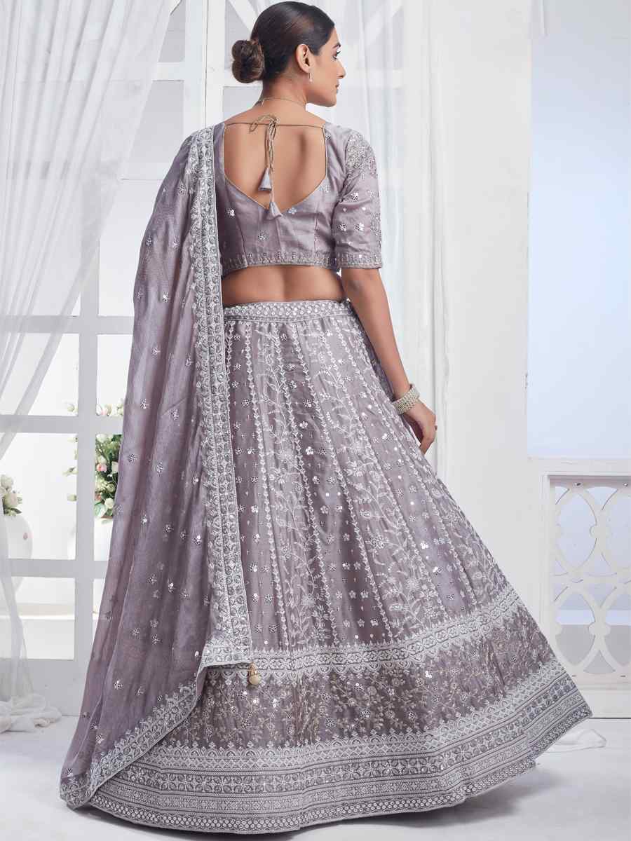 Grey Pure Chiffon Embroidered Bridesmaid Wedding Heavy Border Lehenga Choli