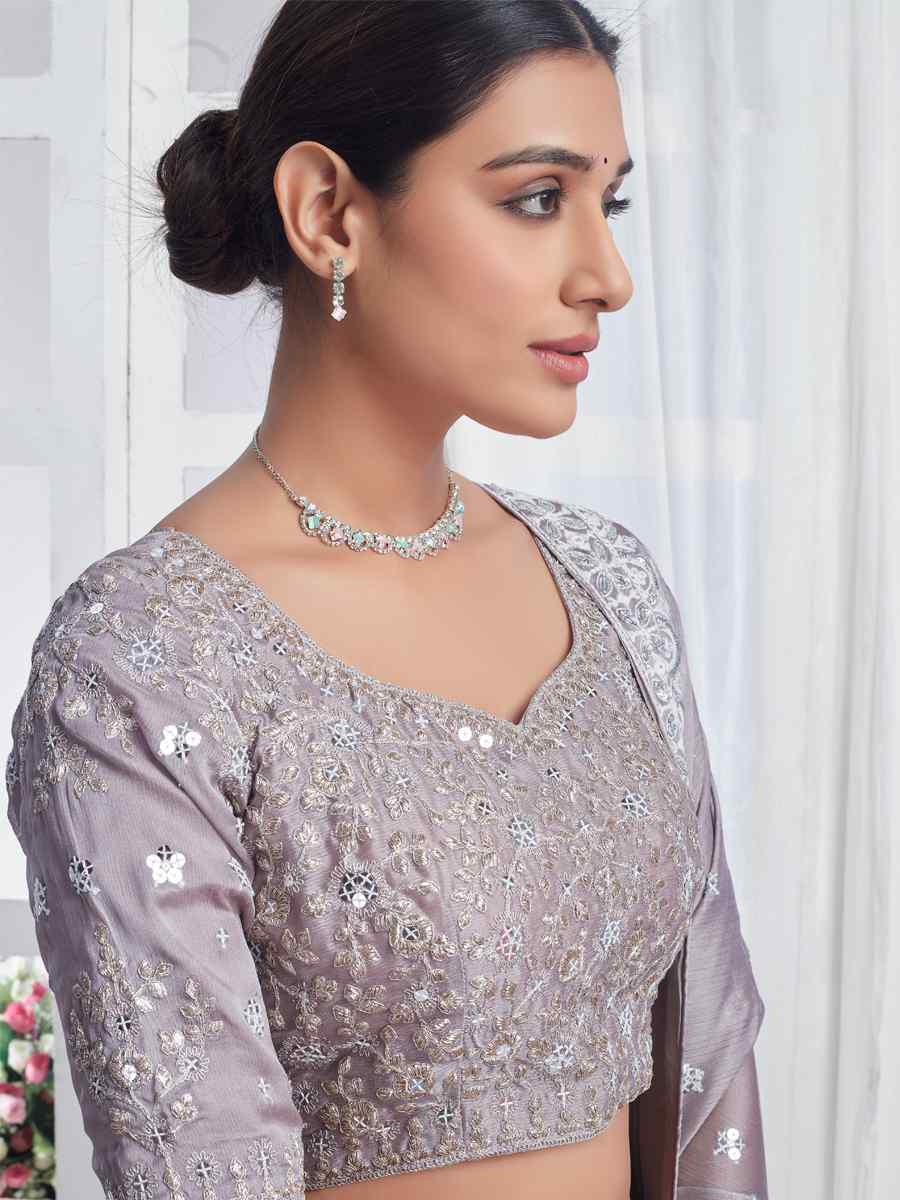 Grey Pure Chiffon Embroidered Bridesmaid Wedding Heavy Border Lehenga Choli