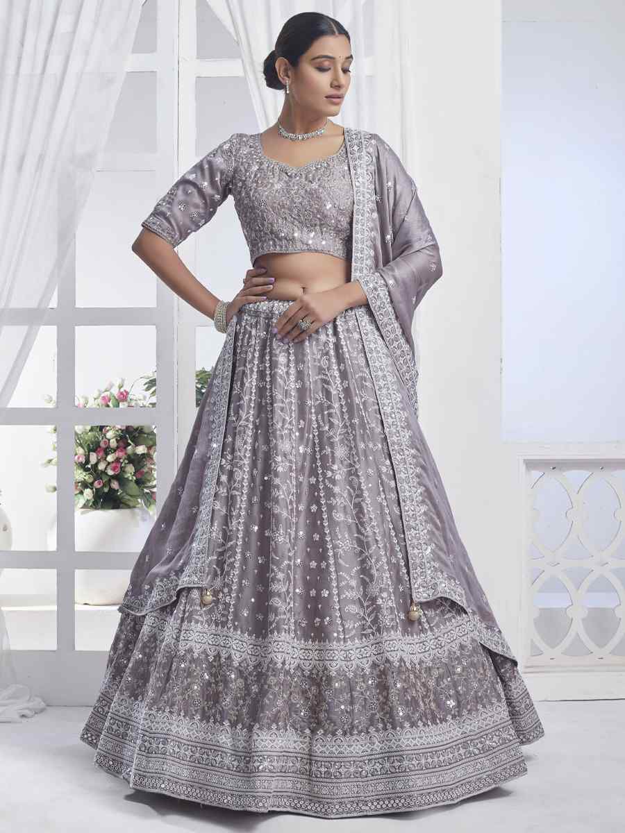 Grey Pure Chiffon Embroidered Bridesmaid Wedding Heavy Border Lehenga Choli