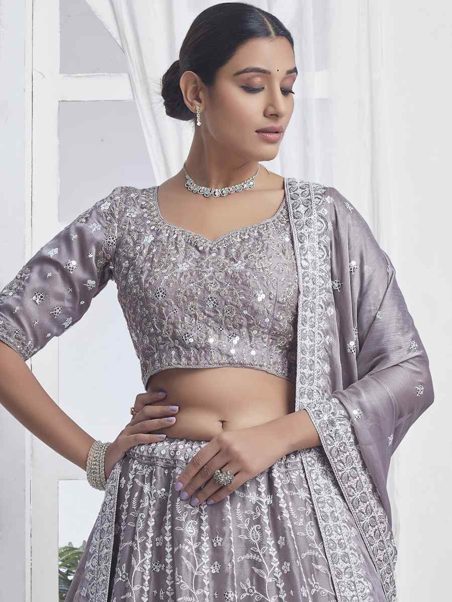 Grey Pure Chiffon Embroidered Bridesmaid Wedding Heavy Border Lehenga Choli