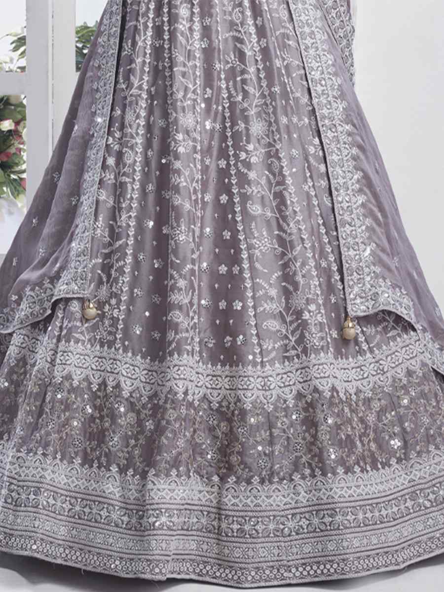 Grey Pure Chiffon Embroidered Bridesmaid Wedding Heavy Border Lehenga Choli