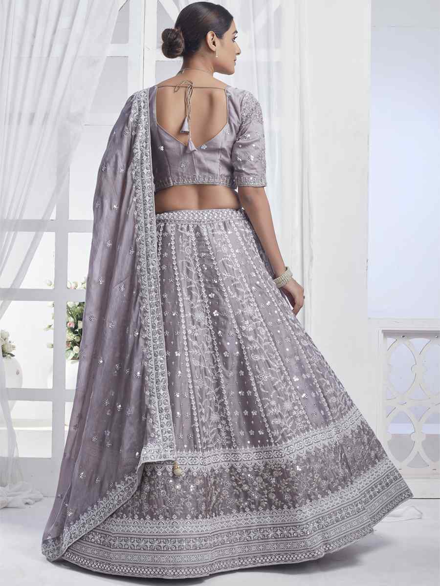 Grey Pure Chiffon Embroidered Bridesmaid Wedding Heavy Border Lehenga Choli