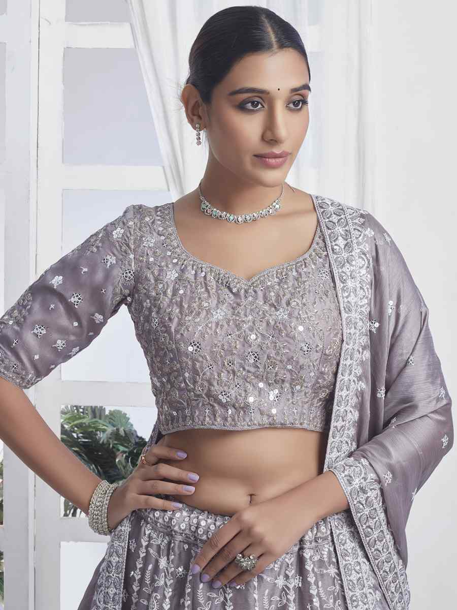 Grey Pure Chiffon Embroidered Bridesmaid Wedding Heavy Border Lehenga Choli