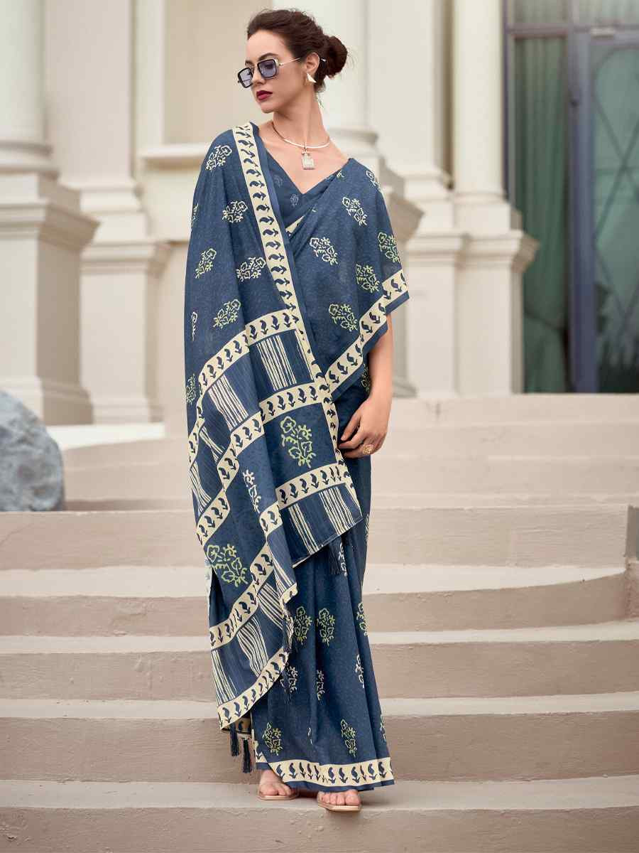 Grey Pure Mal Mal Silk Printed Festival Casual Contemporary Saree