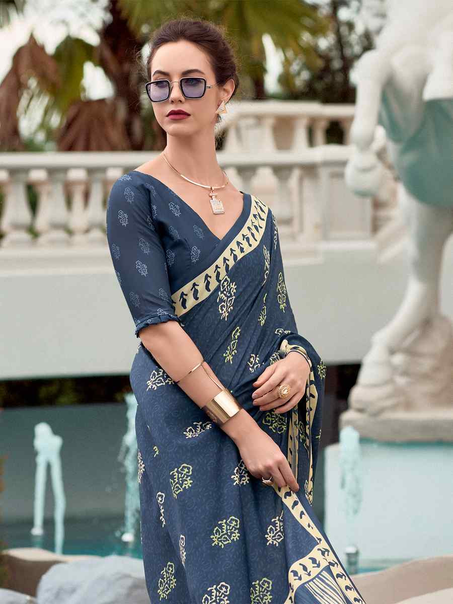 Grey Pure Mal Mal Silk Printed Festival Casual Contemporary Saree