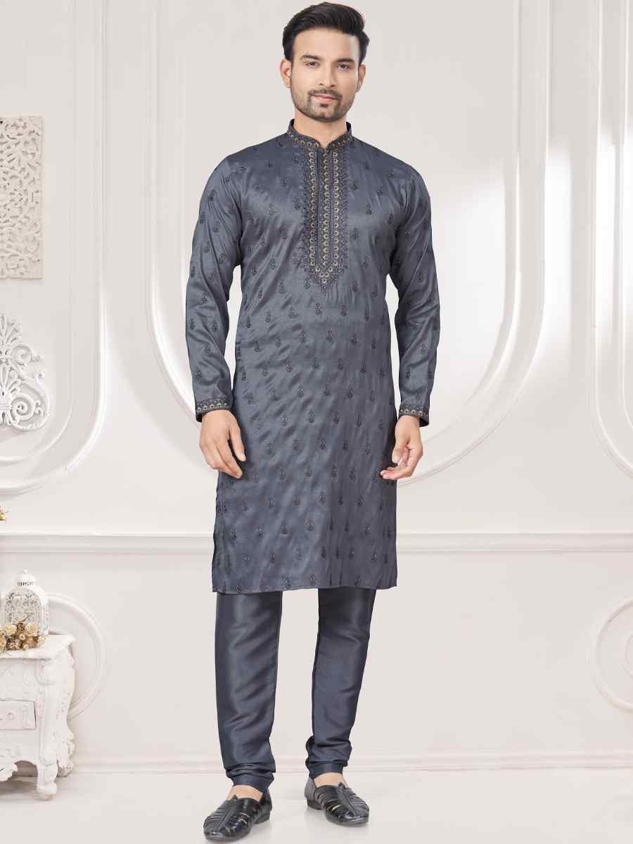 Grey Pure Silk Embroidered Festival Casual Kurta