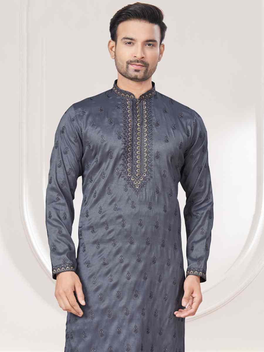 Grey Pure Silk Embroidered Festival Casual Kurta