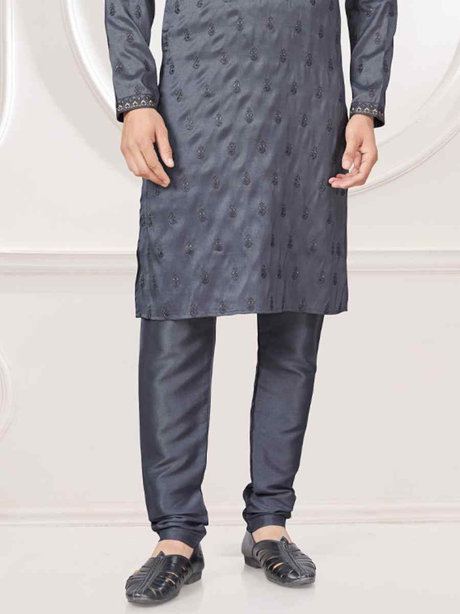 Grey Pure Silk Embroidered Festival Casual Kurta