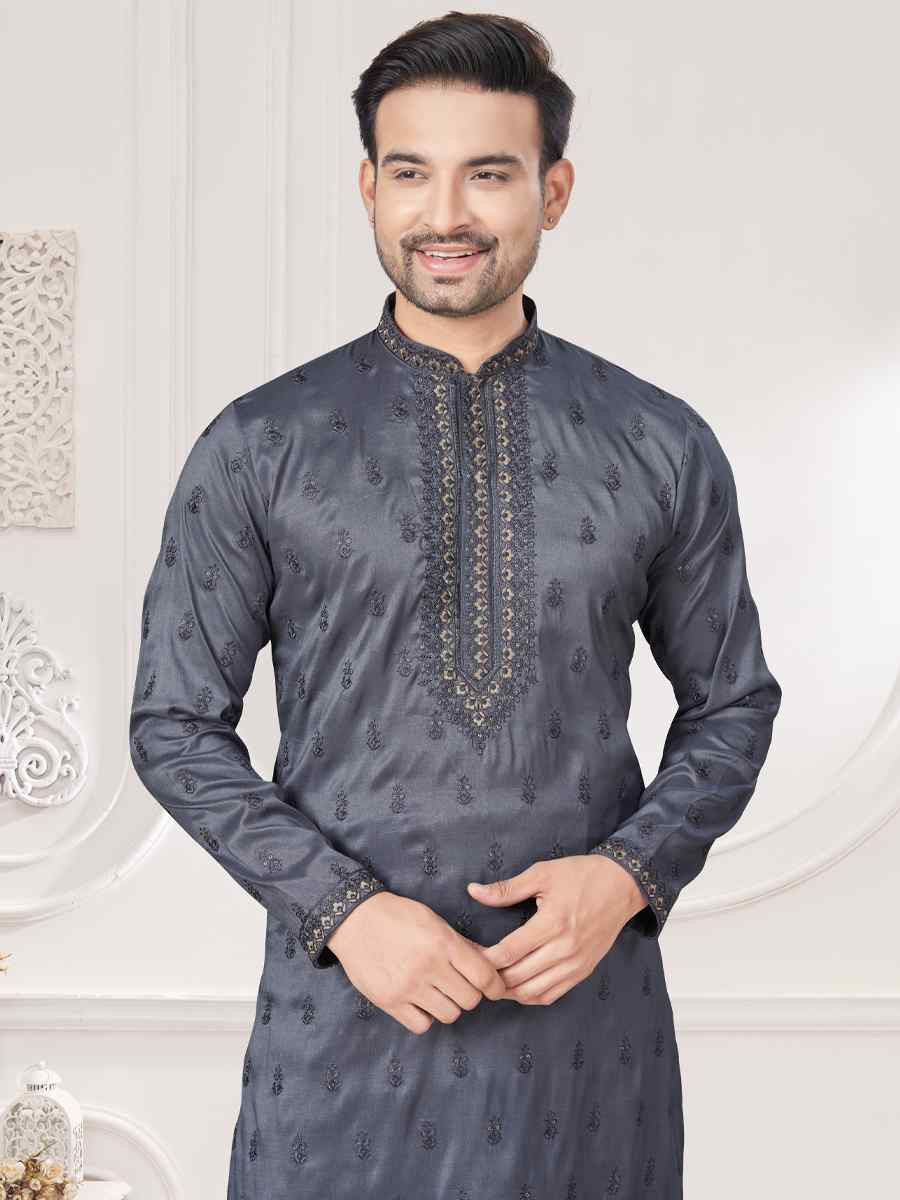 Grey Pure Silk Embroidered Festival Casual Kurta