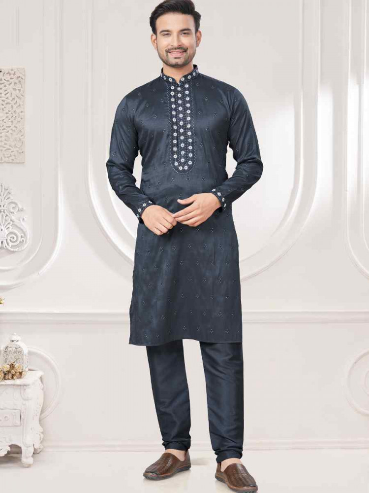 Grey Pure Silk Embroidered Festival Casual Kurta