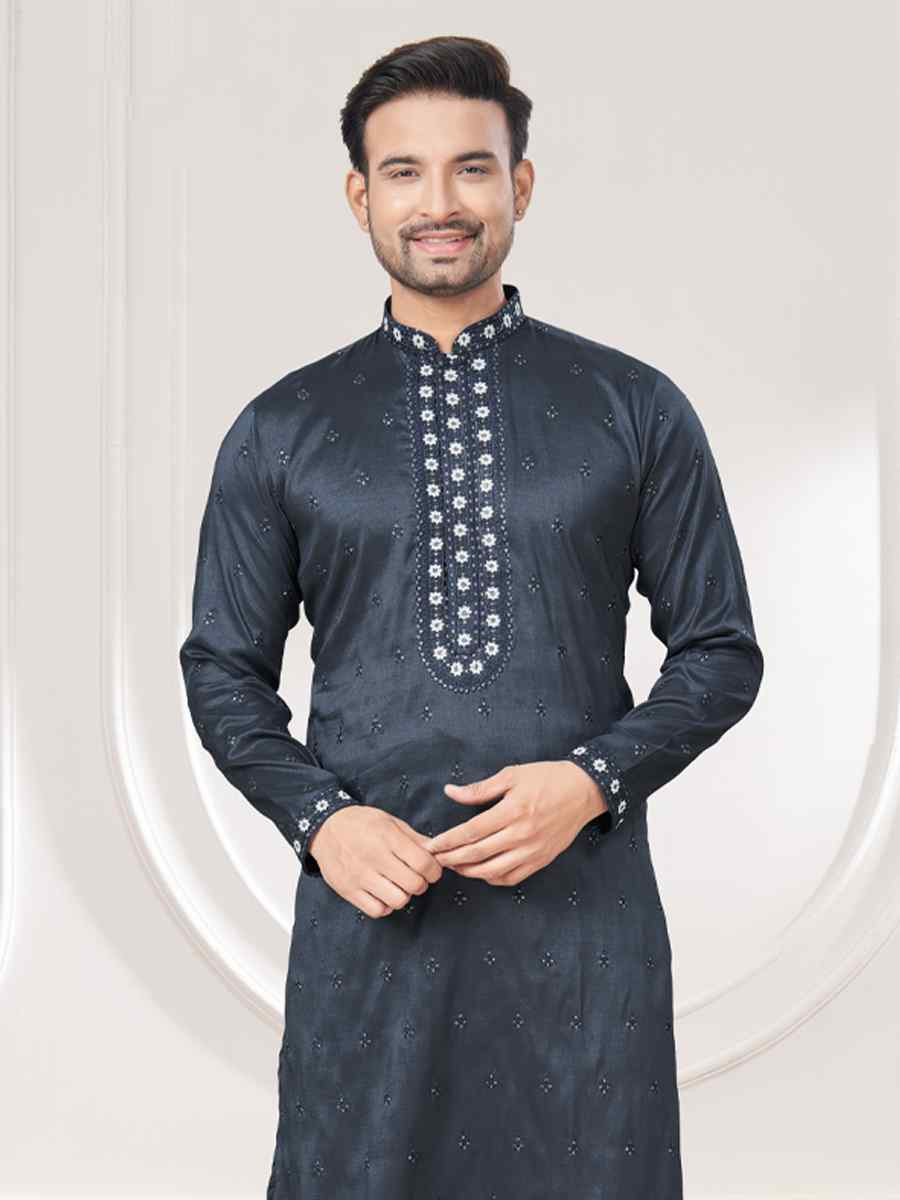 Grey Pure Silk Embroidered Festival Casual Kurta