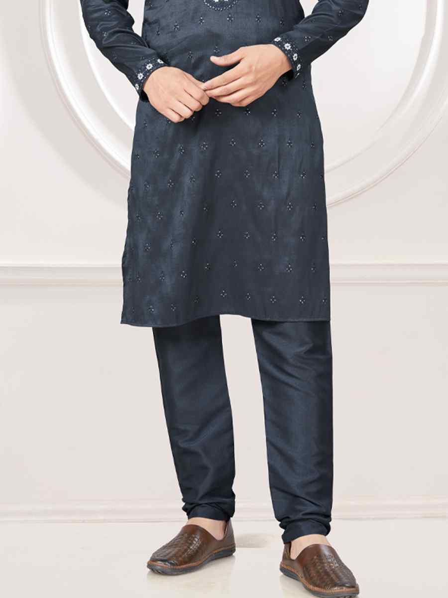 Grey Pure Silk Embroidered Festival Casual Kurta