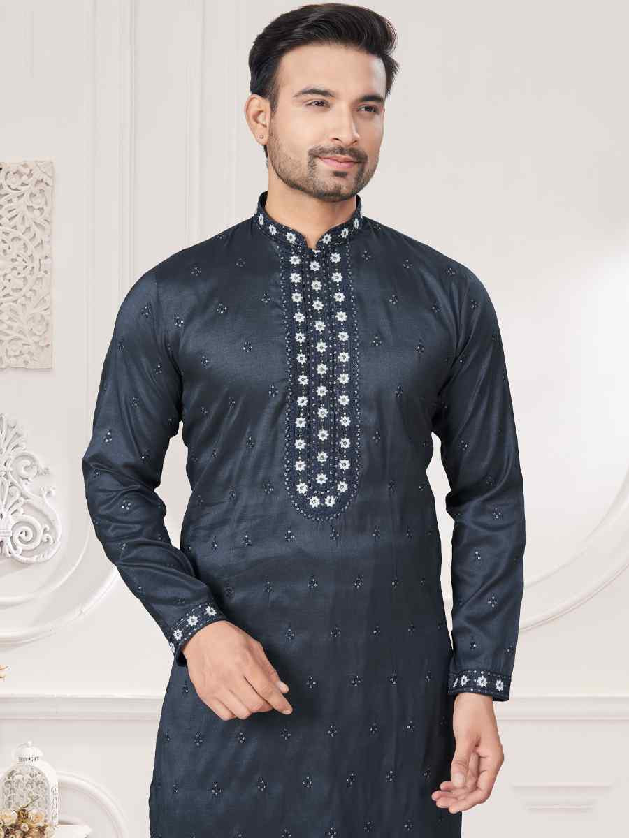 Grey Pure Silk Embroidered Festival Casual Kurta