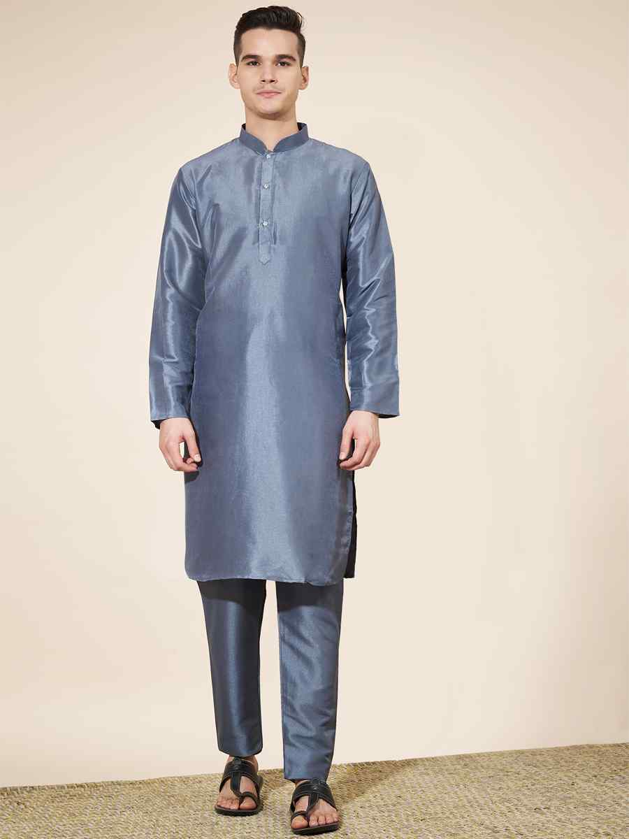 Grey Pure Silk Plain Festival Casual Kurta