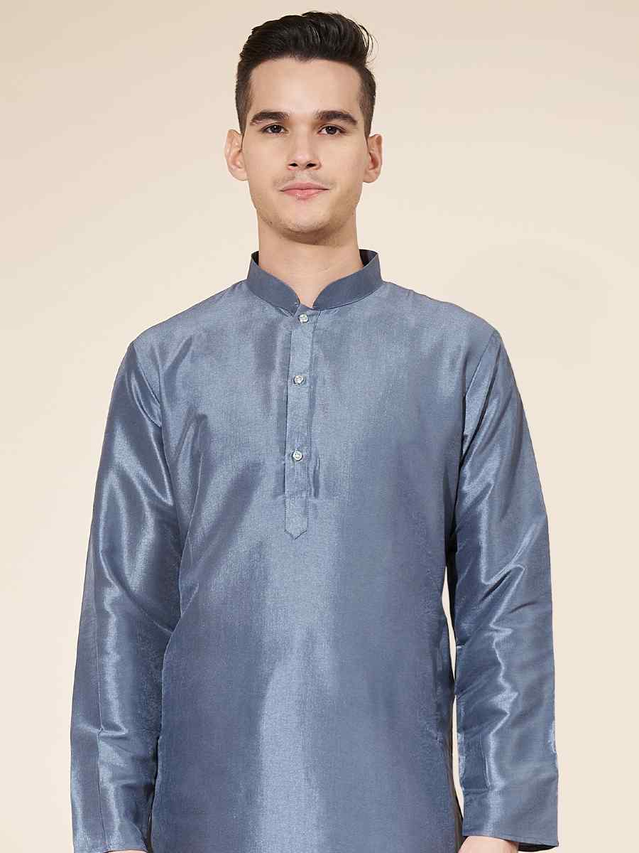 Grey Pure Silk Plain Festival Casual Kurta