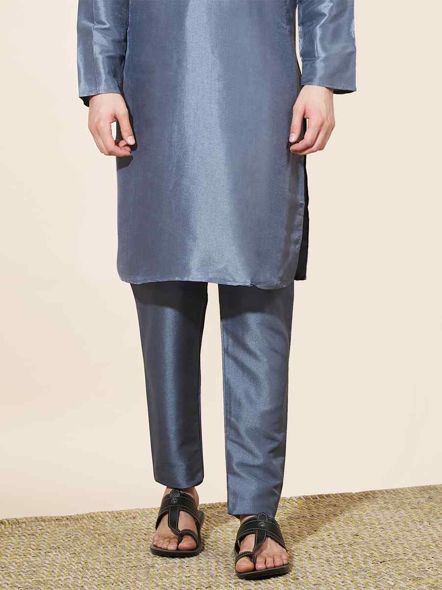 Grey Pure Silk Plain Festival Casual Kurta