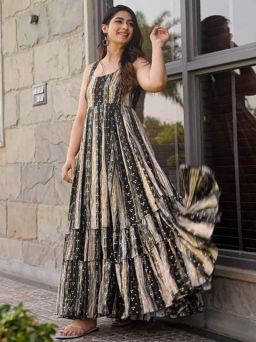 Grey Rayon Printed Festival Mehendi Gown