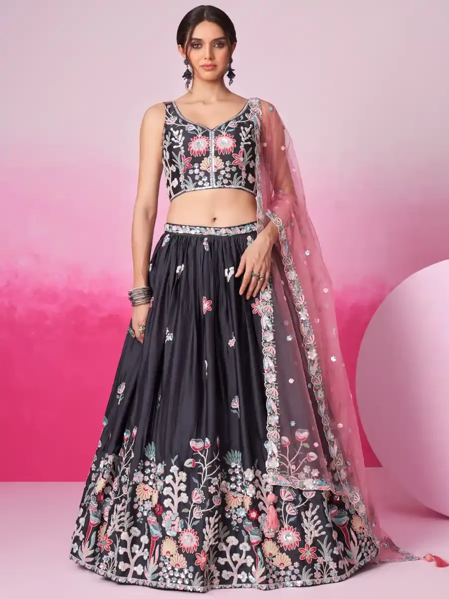 Grey Satin Embroidery Reception Party Wear Heavy Border Lehenga Choli