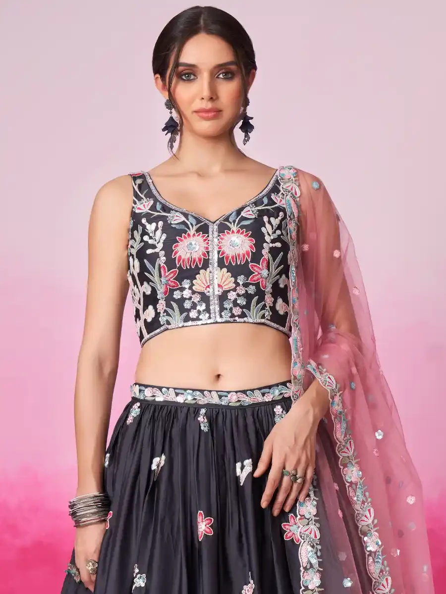 Grey Satin Embroidery Reception Party Wear Heavy Border Lehenga Choli