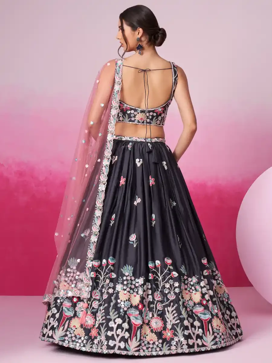 Grey Satin Embroidery Reception Party Wear Heavy Border Lehenga Choli