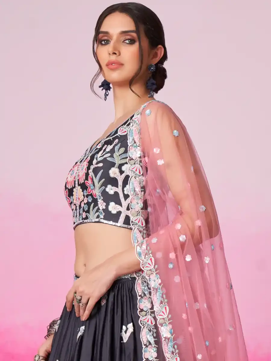 Grey Satin Embroidery Reception Party Wear Heavy Border Lehenga Choli