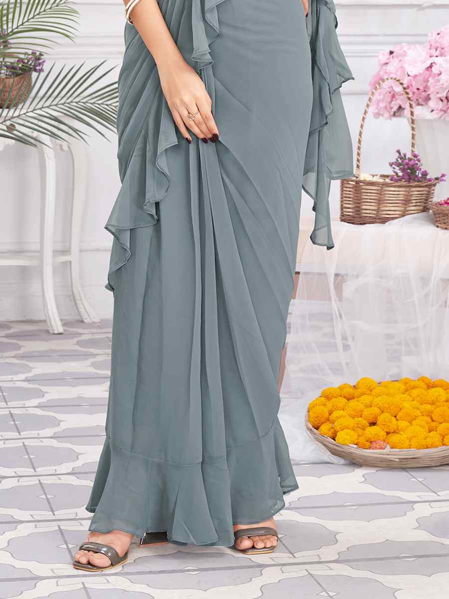 Grey Satin Silk Fancy Embroidered Festival Casual Classic Style Saree