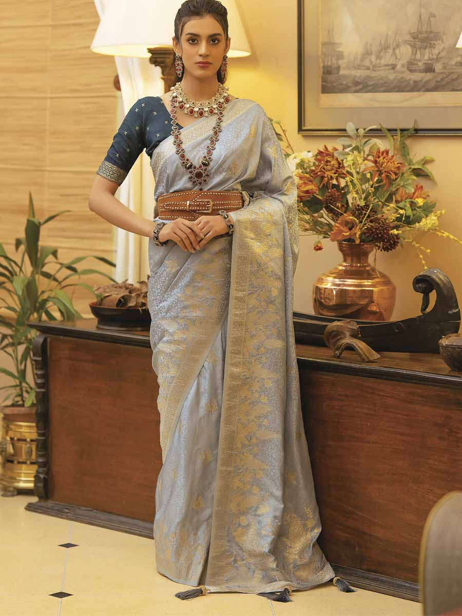 Grey Satin Silk Handwoven Festival Wedding Heavy Border Saree