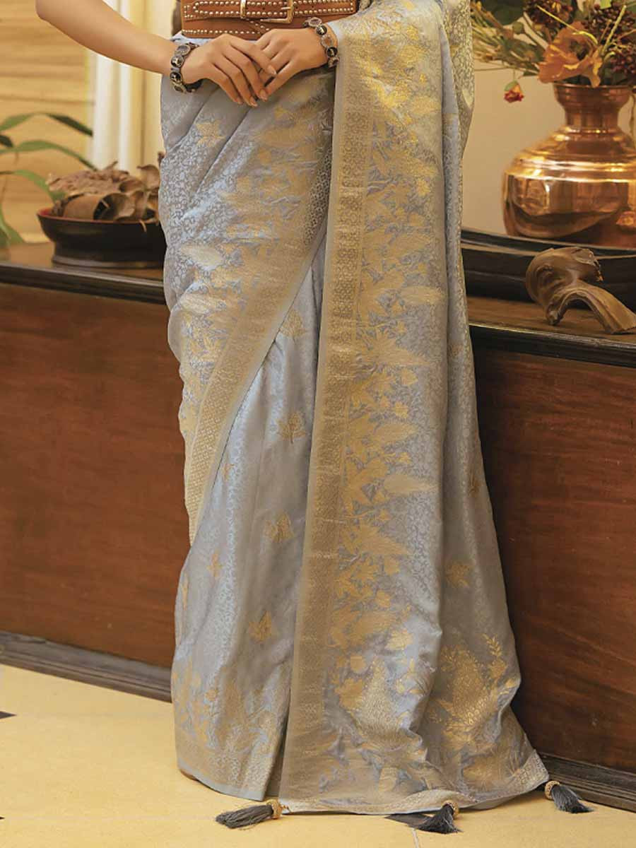 Grey Satin Silk Handwoven Festival Wedding Heavy Border Saree