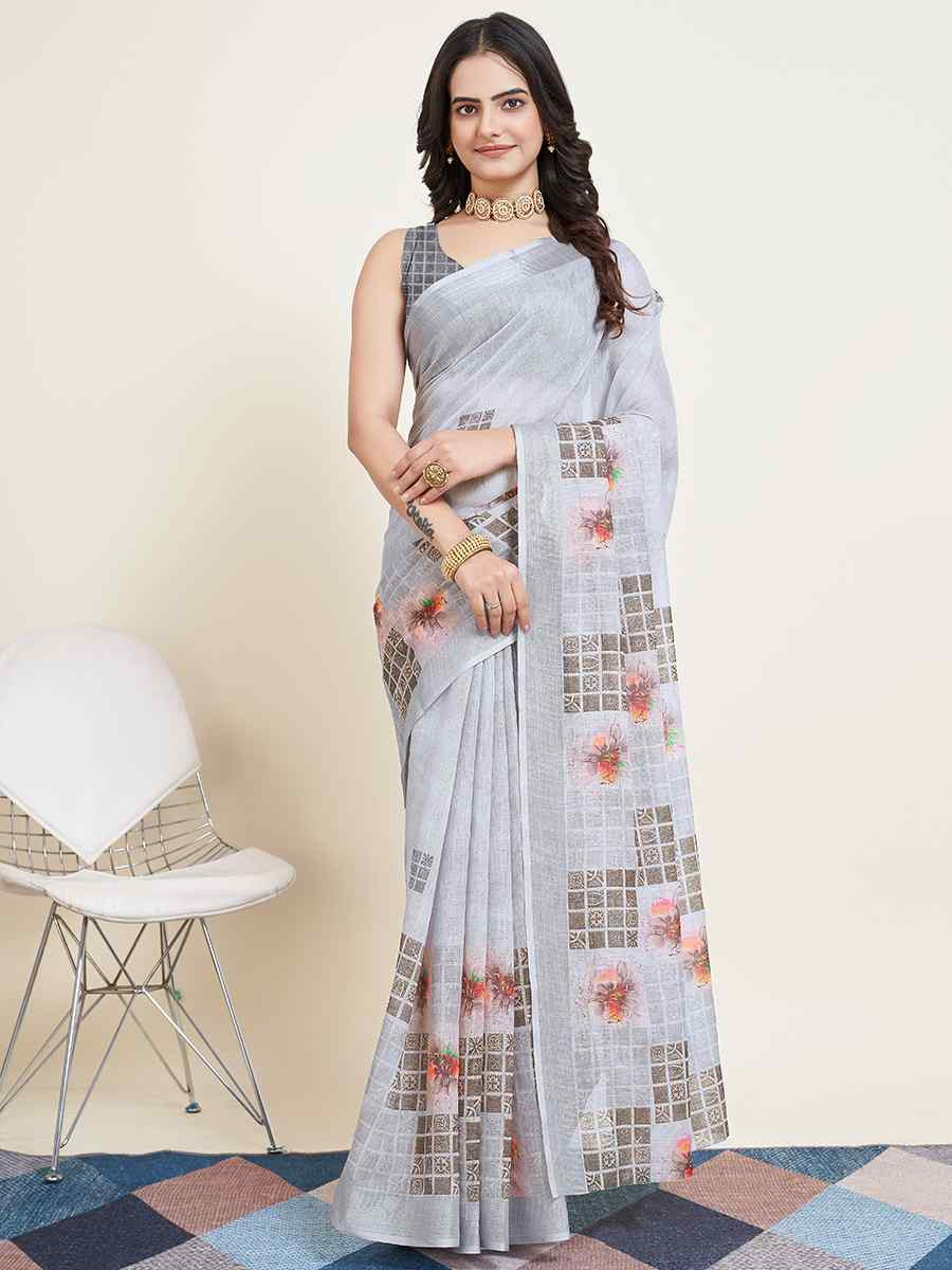 Grey Semi Cotton Printed Festival Casual Contemporary Saree