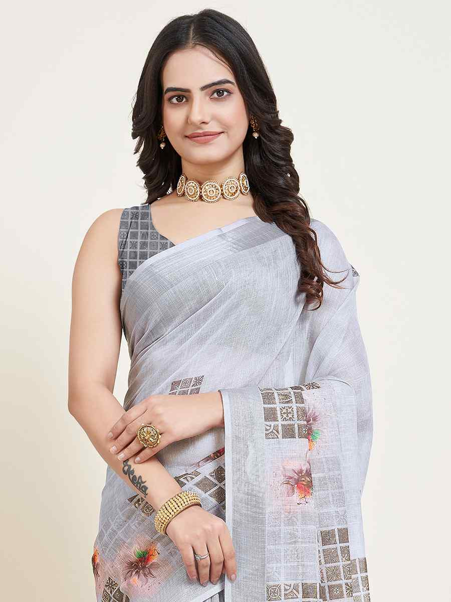 Grey Semi Cotton Printed Festival Casual Contemporary Saree