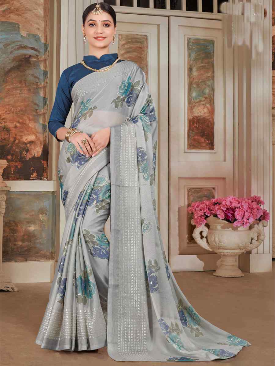 Grey Silk Embroidered Festival Party Heavy Border Saree