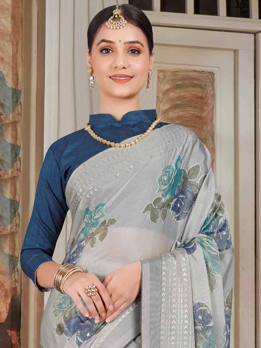 Grey Silk Embroidered Festival Party Heavy Border Saree