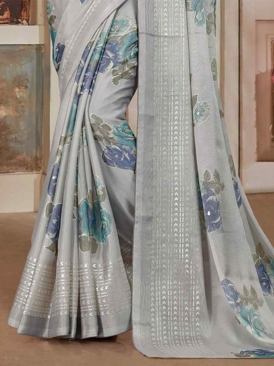 Grey Silk Embroidered Festival Party Heavy Border Saree