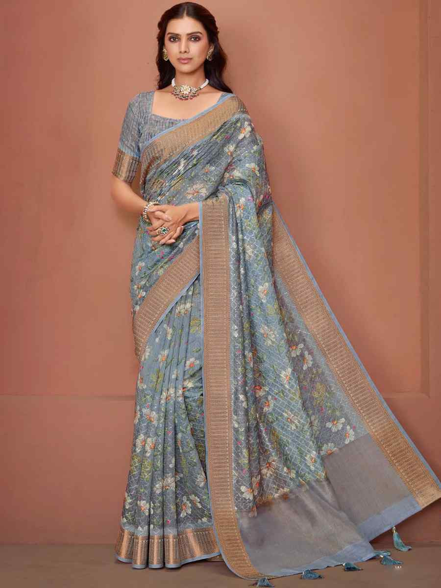 Grey Silk Embroidered Reception Party Heavy Border Saree