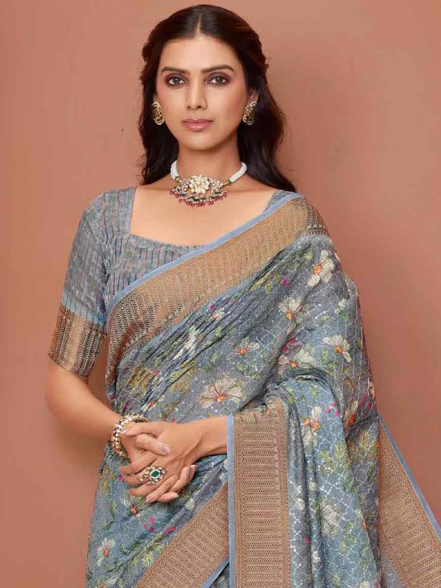 Grey Silk Embroidered Reception Party Heavy Border Saree