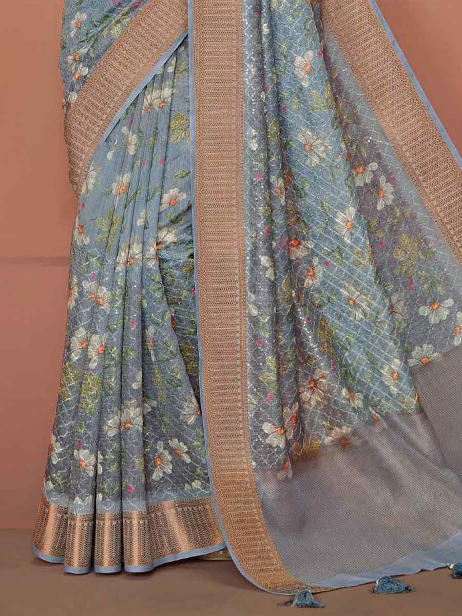 Grey Silk Embroidered Reception Party Heavy Border Saree