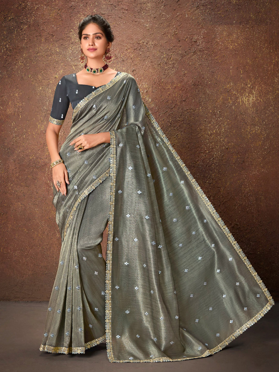 Grey Silk Embroidered Reception Party Heavy Border Saree