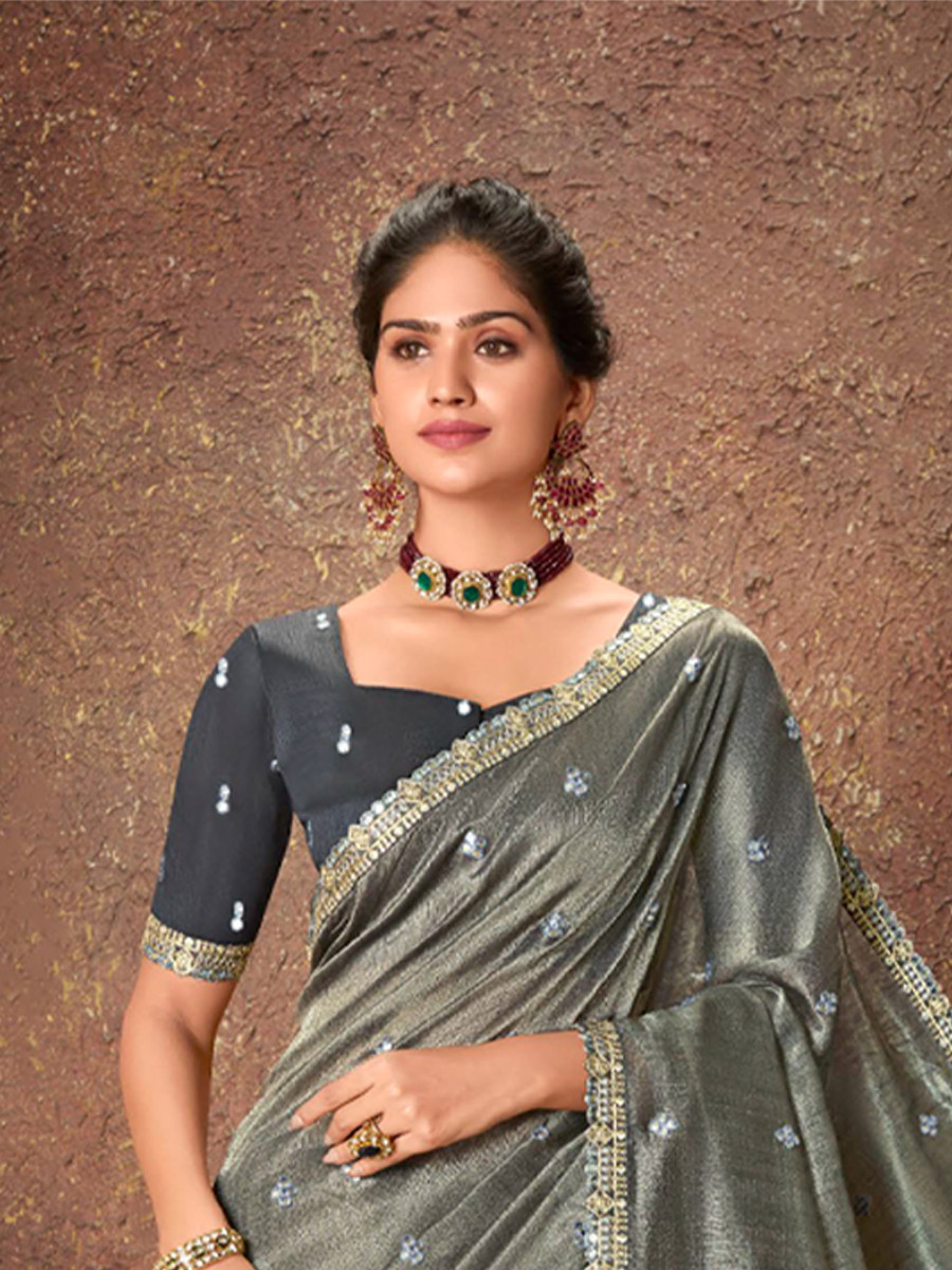 Grey Silk Embroidered Reception Party Heavy Border Saree