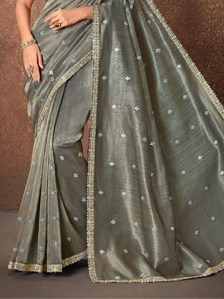 Grey Silk Embroidered Reception Party Heavy Border Saree