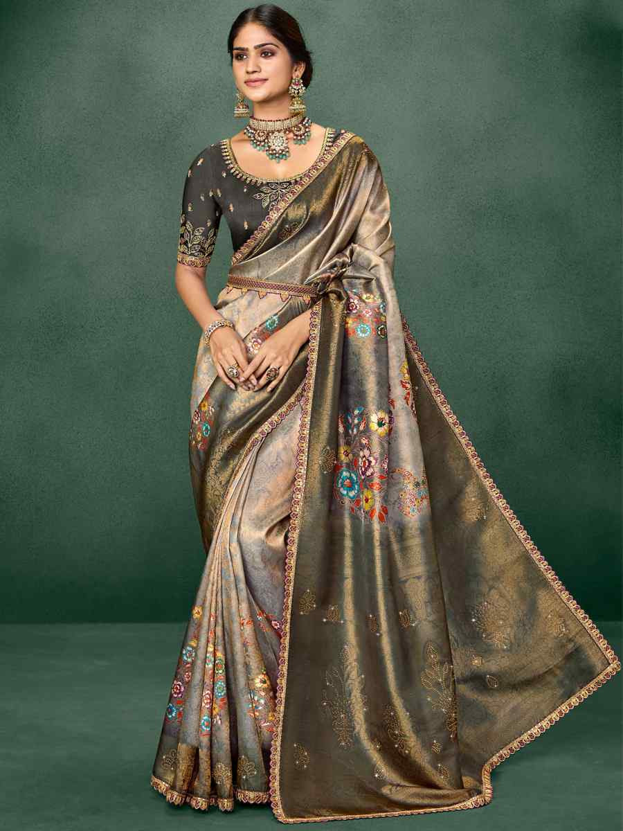 Grey Silk Embroidered Reception Party Heavy Border Saree